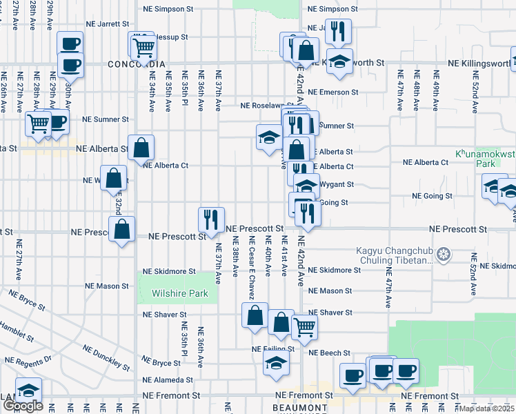 map of restaurants, bars, coffee shops, grocery stores, and more near 4590 Northeast Cesar E Chavez Boulevard in Portland