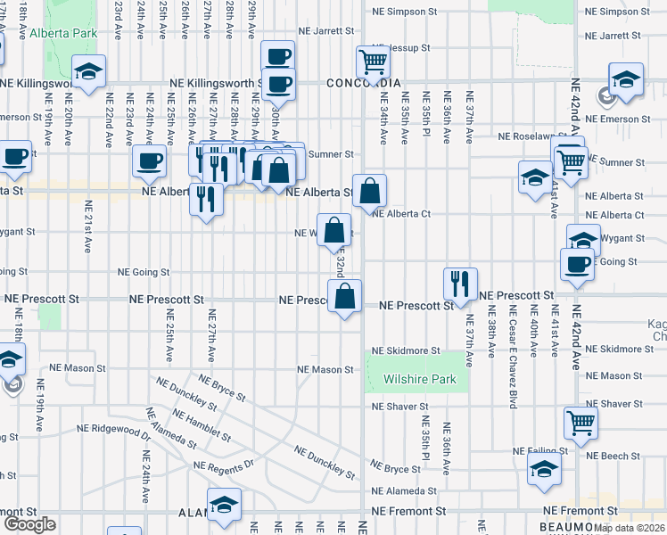 map of restaurants, bars, coffee shops, grocery stores, and more near 4602 Northeast 32nd Avenue in Portland