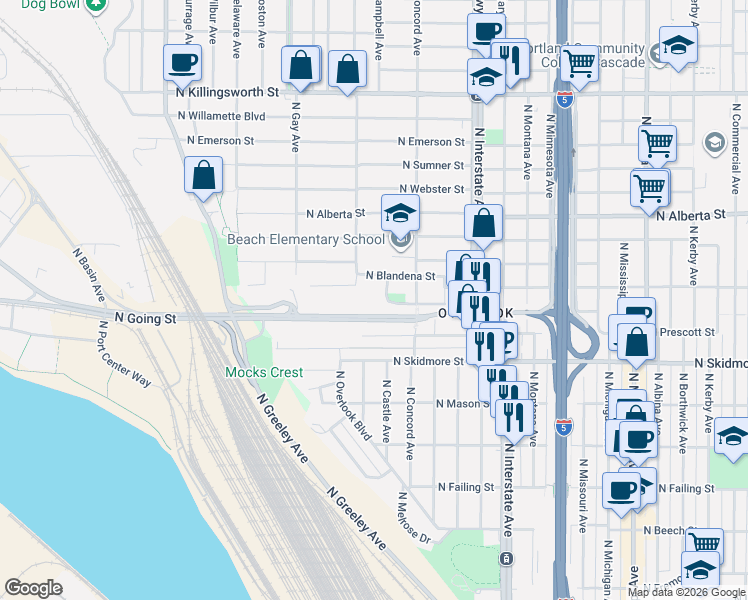 map of restaurants, bars, coffee shops, grocery stores, and more near 4641 North Campbell Avenue in Portland