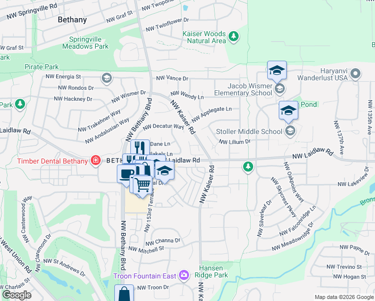 map of restaurants, bars, coffee shops, grocery stores, and more near 15039 Northwest Blakely Lane in Portland