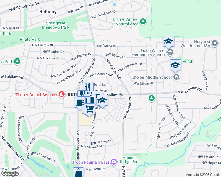 map of restaurants, bars, coffee shops, grocery stores, and more near 15039 Northwest Blakely Lane in Portland