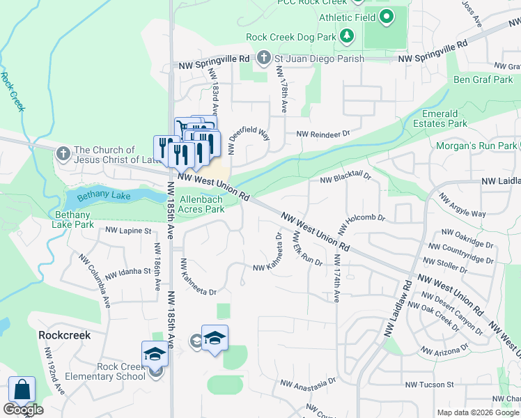 map of restaurants, bars, coffee shops, grocery stores, and more near 5080 Northwest 180th Terrace in Portland