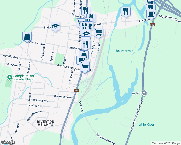 map of restaurants, bars, coffee shops, grocery stores, and more near 291 South Foord Street in Stellarton