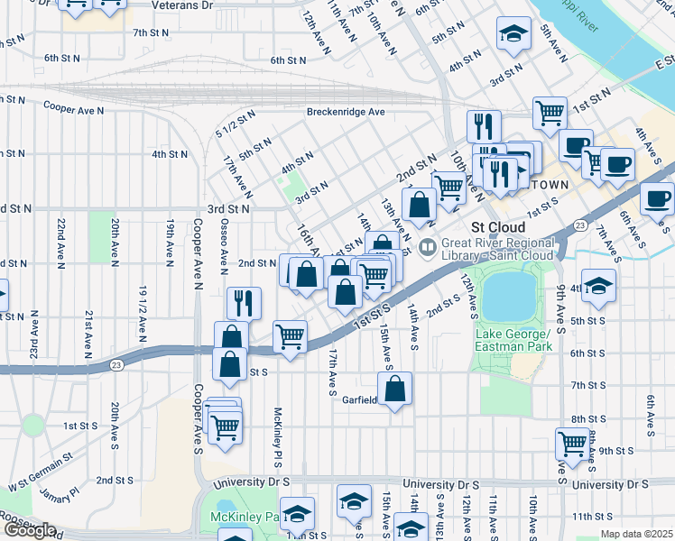 map of restaurants, bars, coffee shops, grocery stores, and more near 29 16th Avenue North in St. Cloud