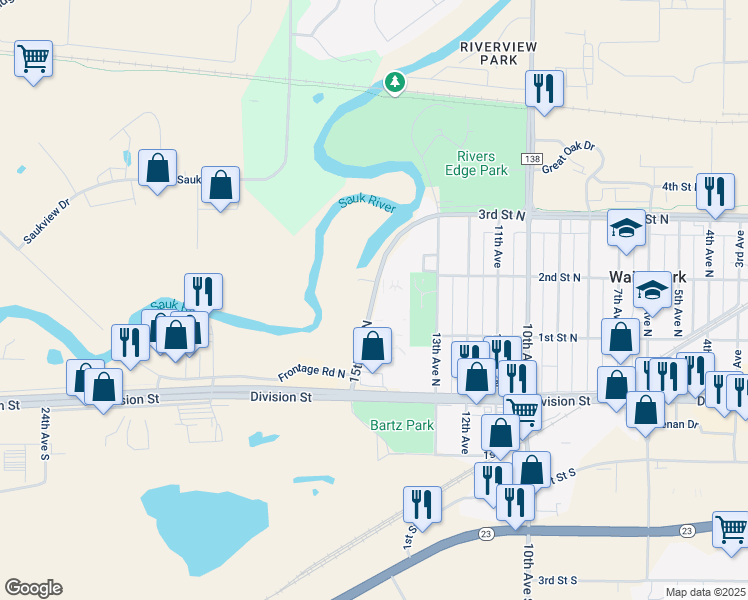 map of restaurants, bars, coffee shops, grocery stores, and more near 34 15th Avenue North in Waite Park