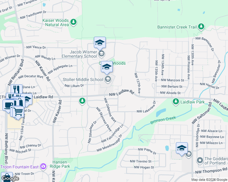 map of restaurants, bars, coffee shops, grocery stores, and more near 5119 Northwest 140th Avenue in Portland