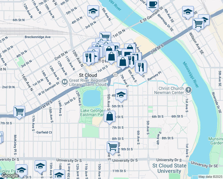 map of restaurants, bars, coffee shops, grocery stores, and more near 314 9th Avenue South in St. Cloud