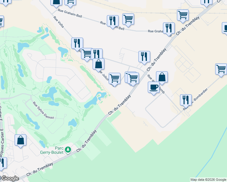 map of restaurants, bars, coffee shops, grocery stores, and more near 1450 Rue Joliot-Curie in Boucherville