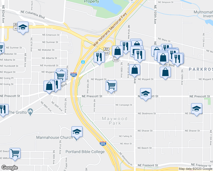 map of restaurants, bars, coffee shops, grocery stores, and more near 4615 Northeast 98th Avenue in Portland