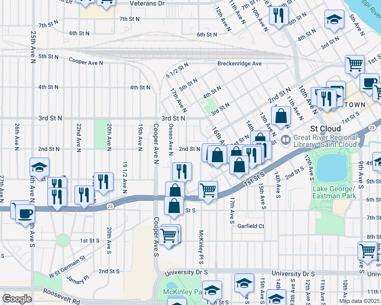 map of restaurants, bars, coffee shops, grocery stores, and more near 146 18th Avenue South in St. Cloud