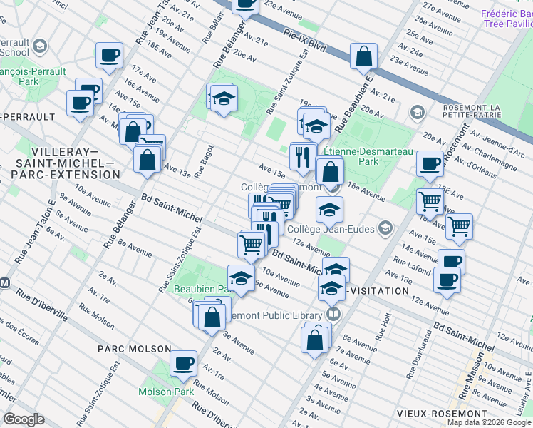 map of restaurants, bars, coffee shops, grocery stores, and more near 6544 13e Avenue in Montréal