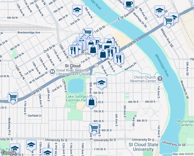 map of restaurants, bars, coffee shops, grocery stores, and more near 311 8th Avenue South in St. Cloud