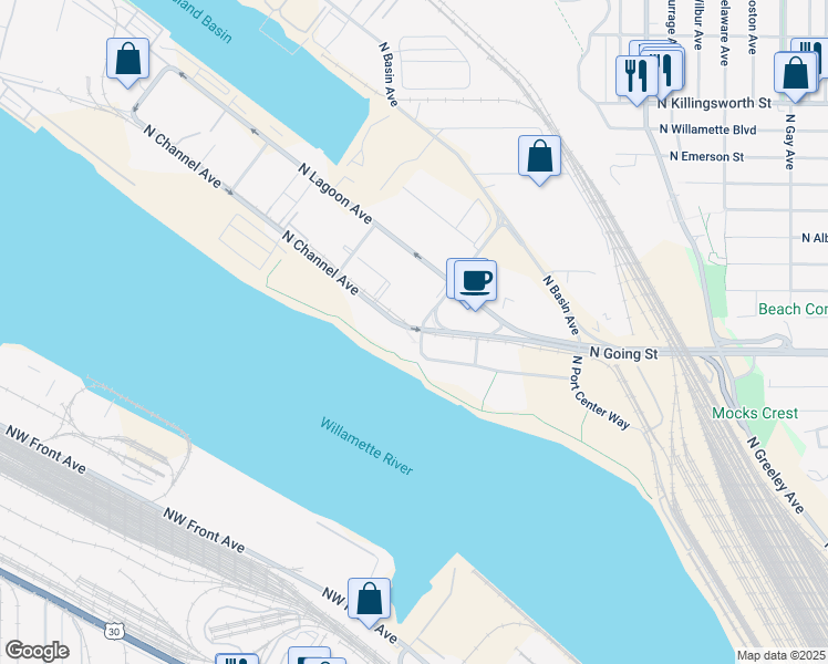map of restaurants, bars, coffee shops, grocery stores, and more near 4747 North Channel Avenue in Portland