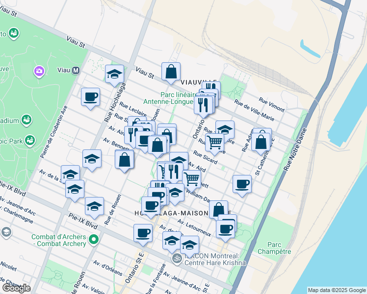 map of restaurants, bars, coffee shops, grocery stores, and more near Rue Sicard in Montréal