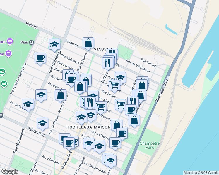 map of restaurants, bars, coffee shops, grocery stores, and more near 1846 Rue Leclaire in Montréal