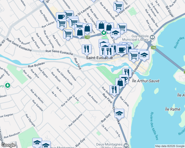 map of restaurants, bars, coffee shops, grocery stores, and more near 201 Rue Bellerive in Saint-Eustache