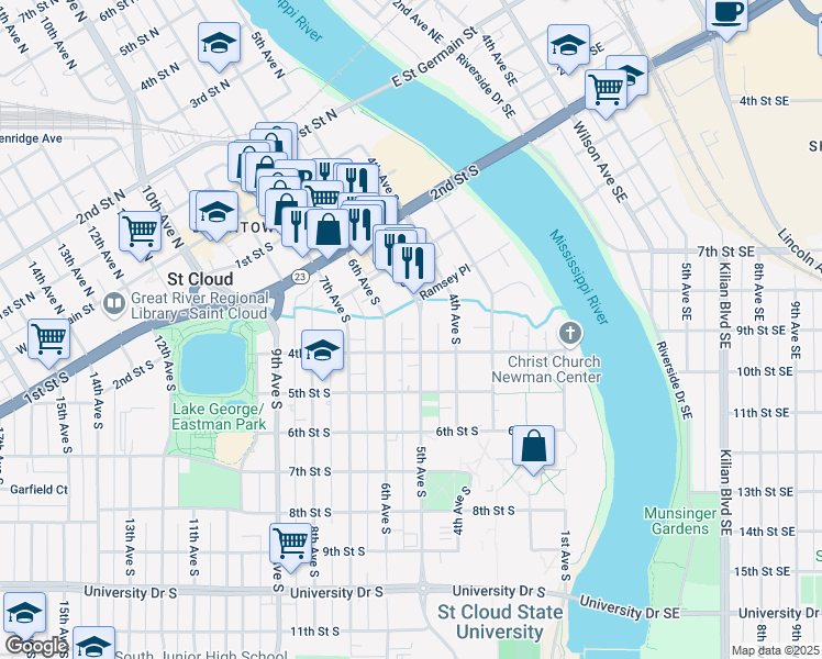 map of restaurants, bars, coffee shops, grocery stores, and more near 379 5th Avenue South in St. Cloud