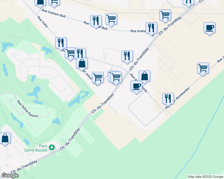 map of restaurants, bars, coffee shops, grocery stores, and more near 25 Chemin du Tremblay in Boucherville