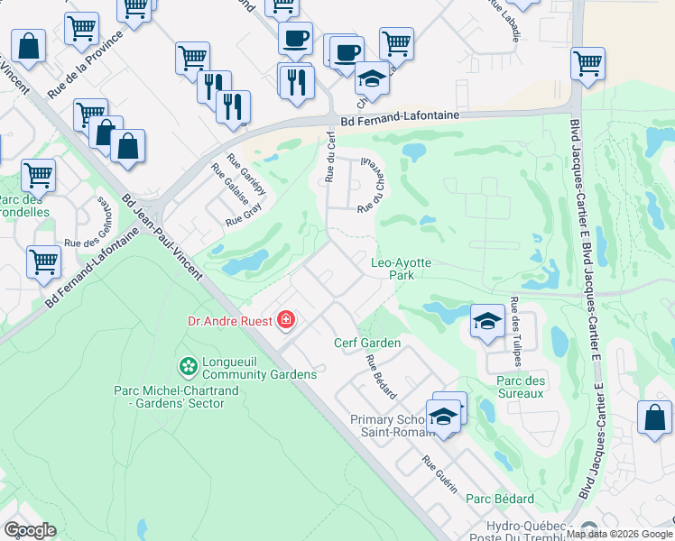 map of restaurants, bars, coffee shops, grocery stores, and more near 1719 Rue de la Biche in Longueuil