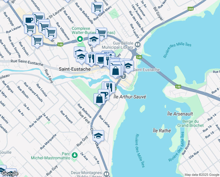 map of restaurants, bars, coffee shops, grocery stores, and more near 106 Rue Saint-Louis in Saint-Eustache
