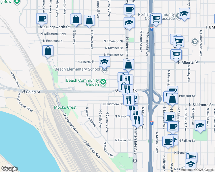 map of restaurants, bars, coffee shops, grocery stores, and more near 4635 North Concord Avenue in Portland