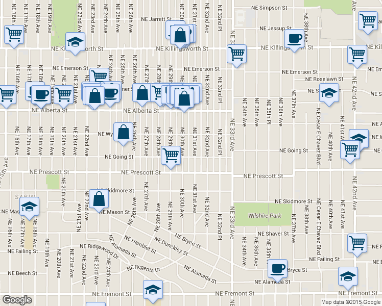 map of restaurants, bars, coffee shops, grocery stores, and more near 4611 Northeast 31st Avenue in Portland