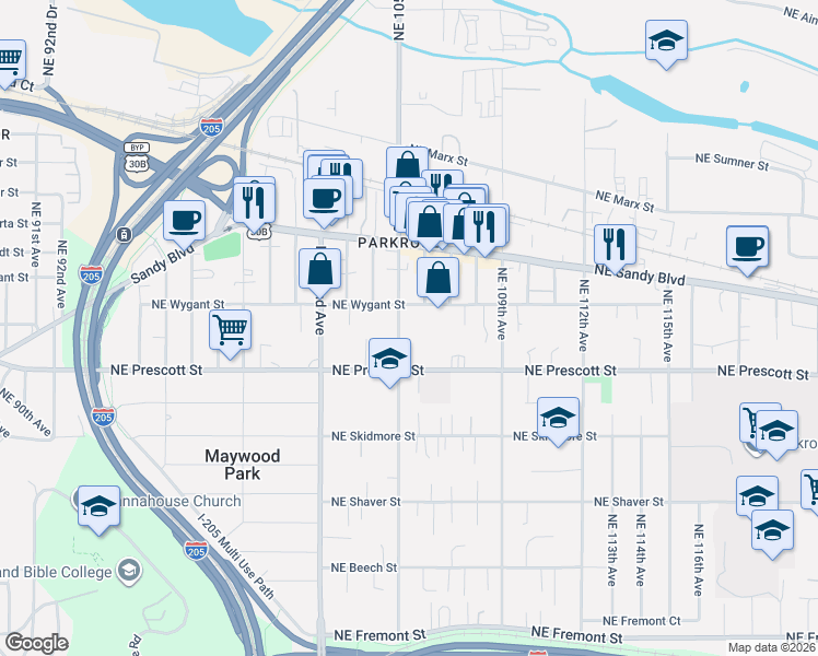map of restaurants, bars, coffee shops, grocery stores, and more near 4612 Northeast 105th Avenue in Portland