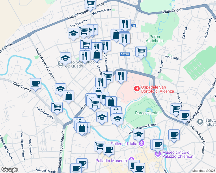 map of restaurants, bars, coffee shops, grocery stores, and more near 35 Via Giambattista Vico in Vicenza