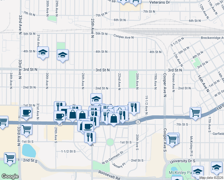 map of restaurants, bars, coffee shops, grocery stores, and more near 152 23rd Avenue North in St. Cloud
