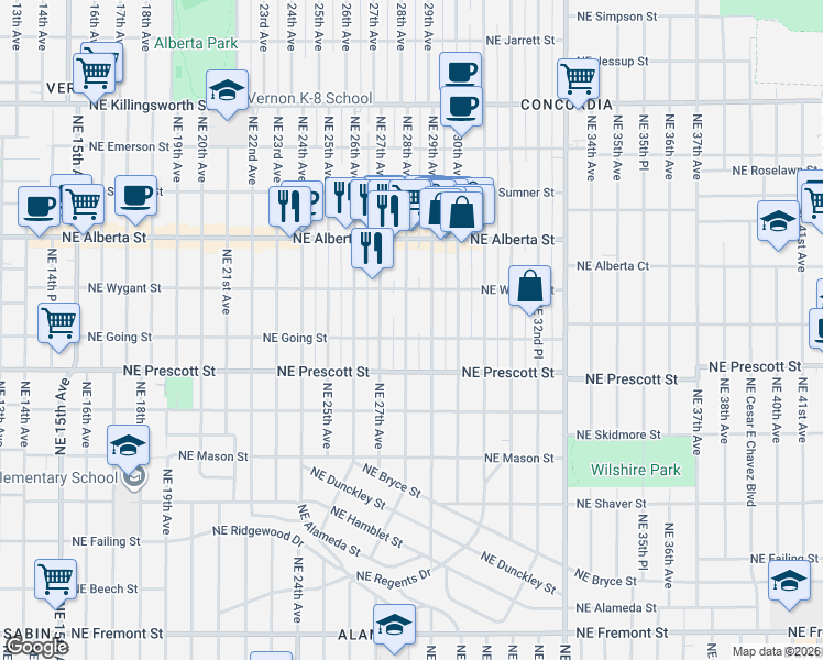 map of restaurants, bars, coffee shops, grocery stores, and more near 4612 Northeast 28th Avenue in Portland