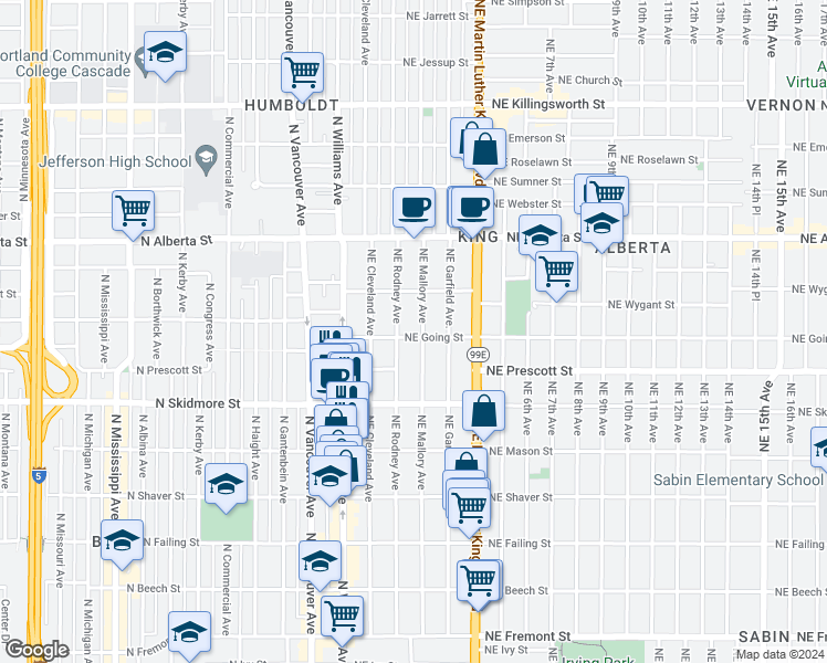 map of restaurants, bars, coffee shops, grocery stores, and more near 127 Northeast Going Street in Portland