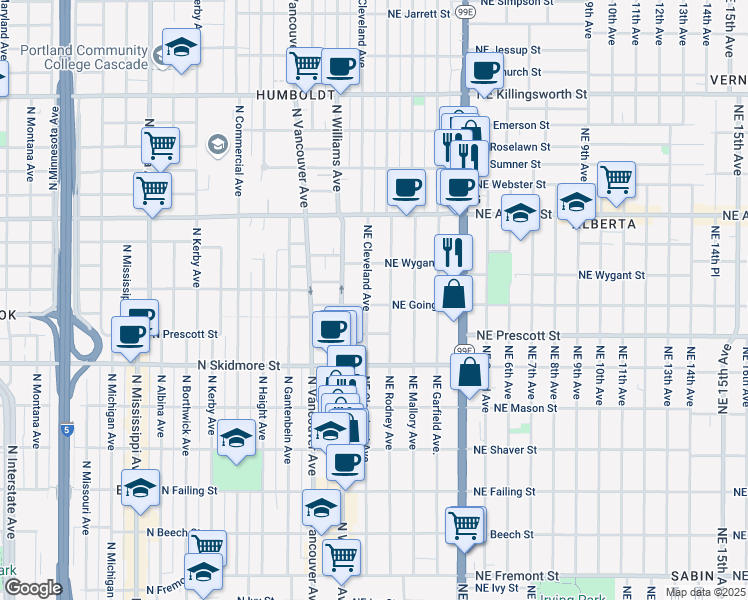 map of restaurants, bars, coffee shops, grocery stores, and more near 4606 Northeast Cleveland Avenue in Portland