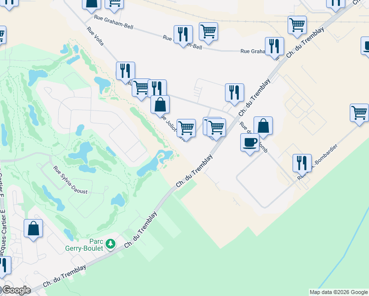 map of restaurants, bars, coffee shops, grocery stores, and more near 1450 Rue Joliot-Curie in Boucherville