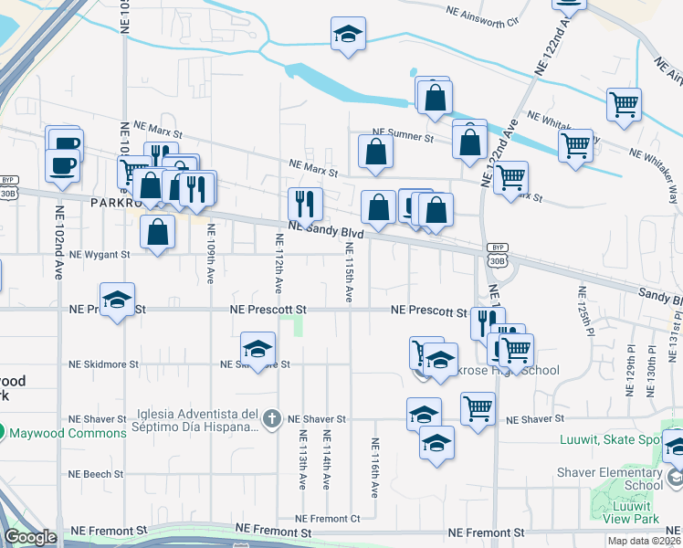 map of restaurants, bars, coffee shops, grocery stores, and more near 4627 Northeast 115th Avenue in Portland