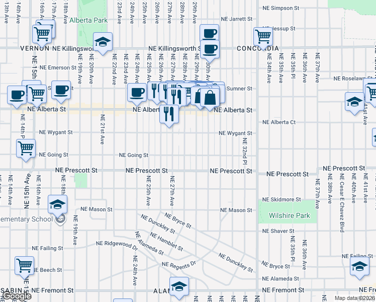map of restaurants, bars, coffee shops, grocery stores, and more near 4612 Northeast 28th Avenue in Portland