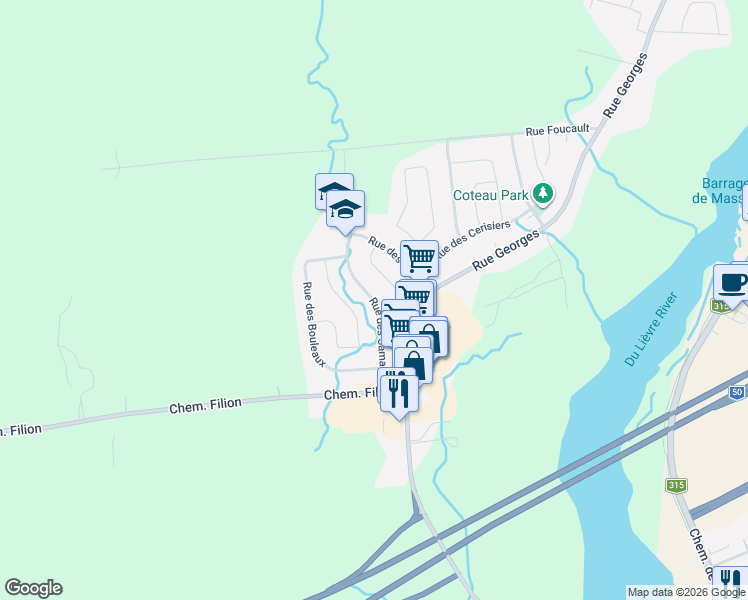 map of restaurants, bars, coffee shops, grocery stores, and more near Rue des Samares in Gatineau