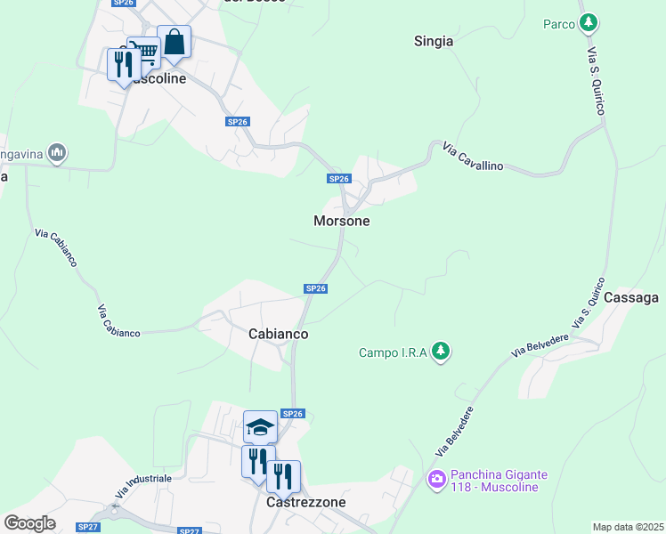 map of restaurants, bars, coffee shops, grocery stores, and more near Strada Provinciale 26 in Brescia