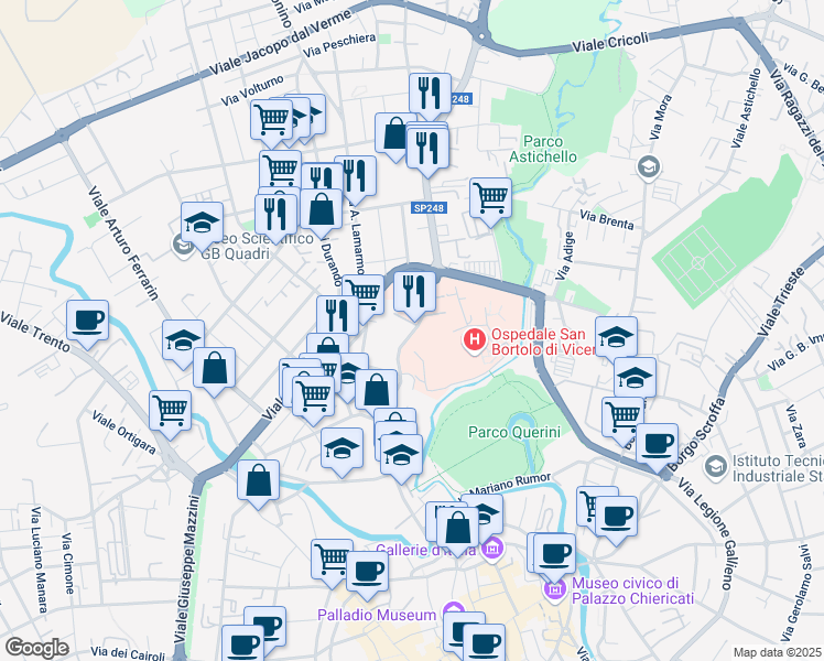 map of restaurants, bars, coffee shops, grocery stores, and more near 77 Contrà San Bortolo in Vicenza