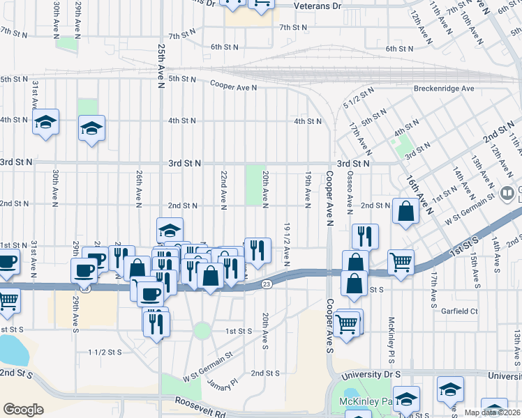 map of restaurants, bars, coffee shops, grocery stores, and more near 2000 2nd Street North in St. Cloud