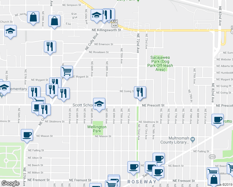 map of restaurants, bars, coffee shops, grocery stores, and more near 6904 Northeast Going Street in Portland