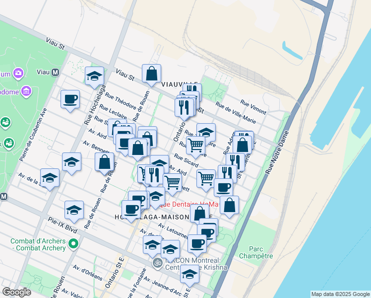 map of restaurants, bars, coffee shops, grocery stores, and more near 1864 Rue Leclaire in Montréal