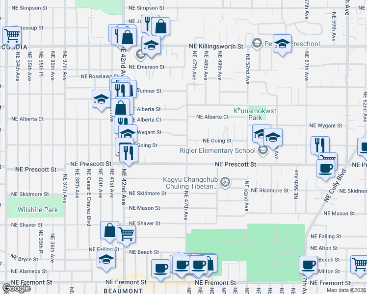 map of restaurants, bars, coffee shops, grocery stores, and more near 4546 Northeast 47th Avenue in Portland
