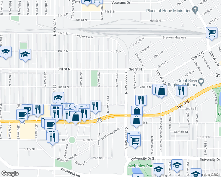 map of restaurants, bars, coffee shops, grocery stores, and more near 152 19 1/2 Avenue North in Saint Cloud