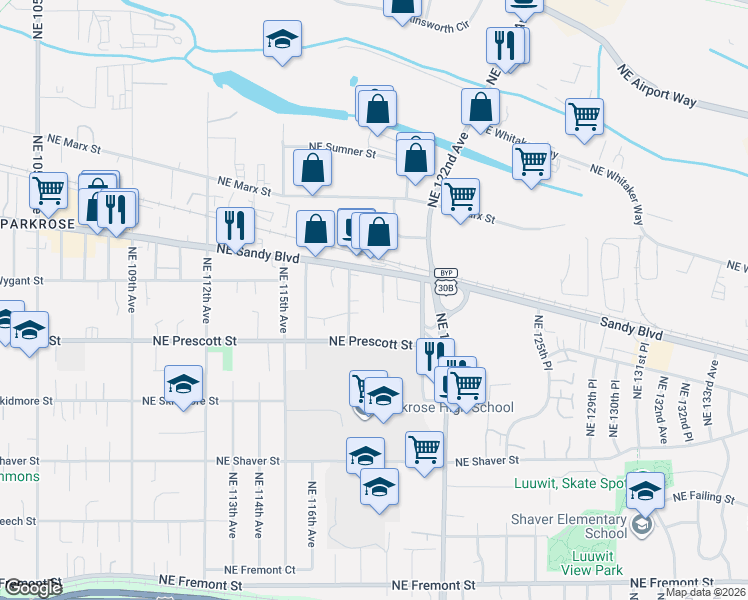 map of restaurants, bars, coffee shops, grocery stores, and more near 4600 Northeast 118th Avenue in Portland