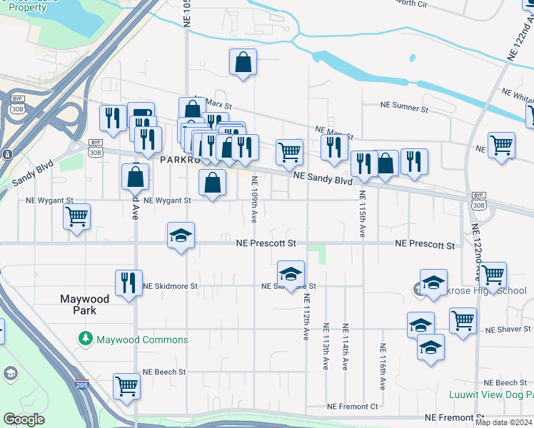 map of restaurants, bars, coffee shops, grocery stores, and more near 10934 Northeast Wygant Street in Portland