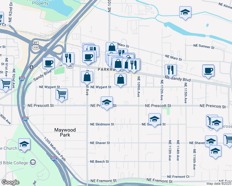 map of restaurants, bars, coffee shops, grocery stores, and more near 4612 Northeast 105th Avenue in Portland