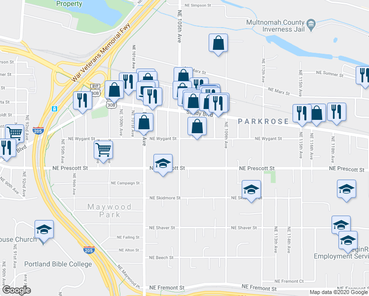 map of restaurants, bars, coffee shops, grocery stores, and more near 4612 Northeast 105th Avenue in Portland