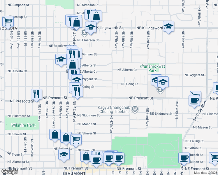map of restaurants, bars, coffee shops, grocery stores, and more near 4558 Northeast Going Street in Portland