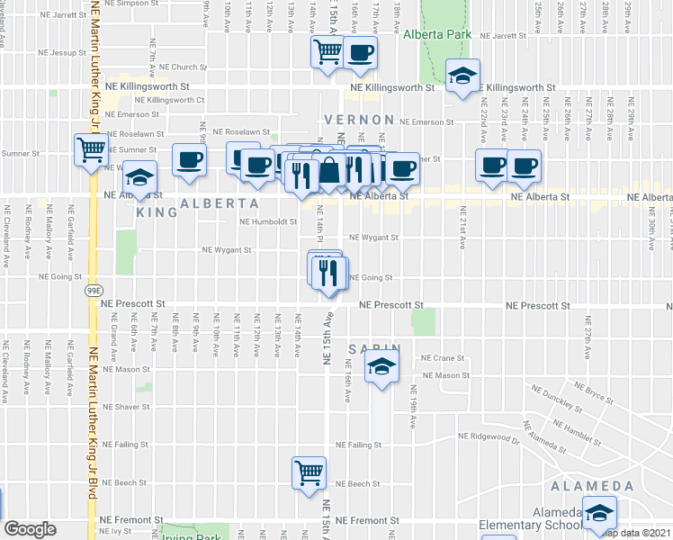 map of restaurants, bars, coffee shops, grocery stores, and more near 1455 Northeast Going Street in Portland