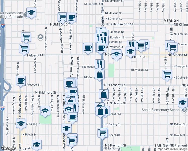 map of restaurants, bars, coffee shops, grocery stores, and more near 4608 Northeast Garfield Avenue in Portland